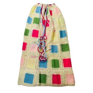 Vintage Hand Knit Crochet Rainbow Grandma Square Blanket Skirt